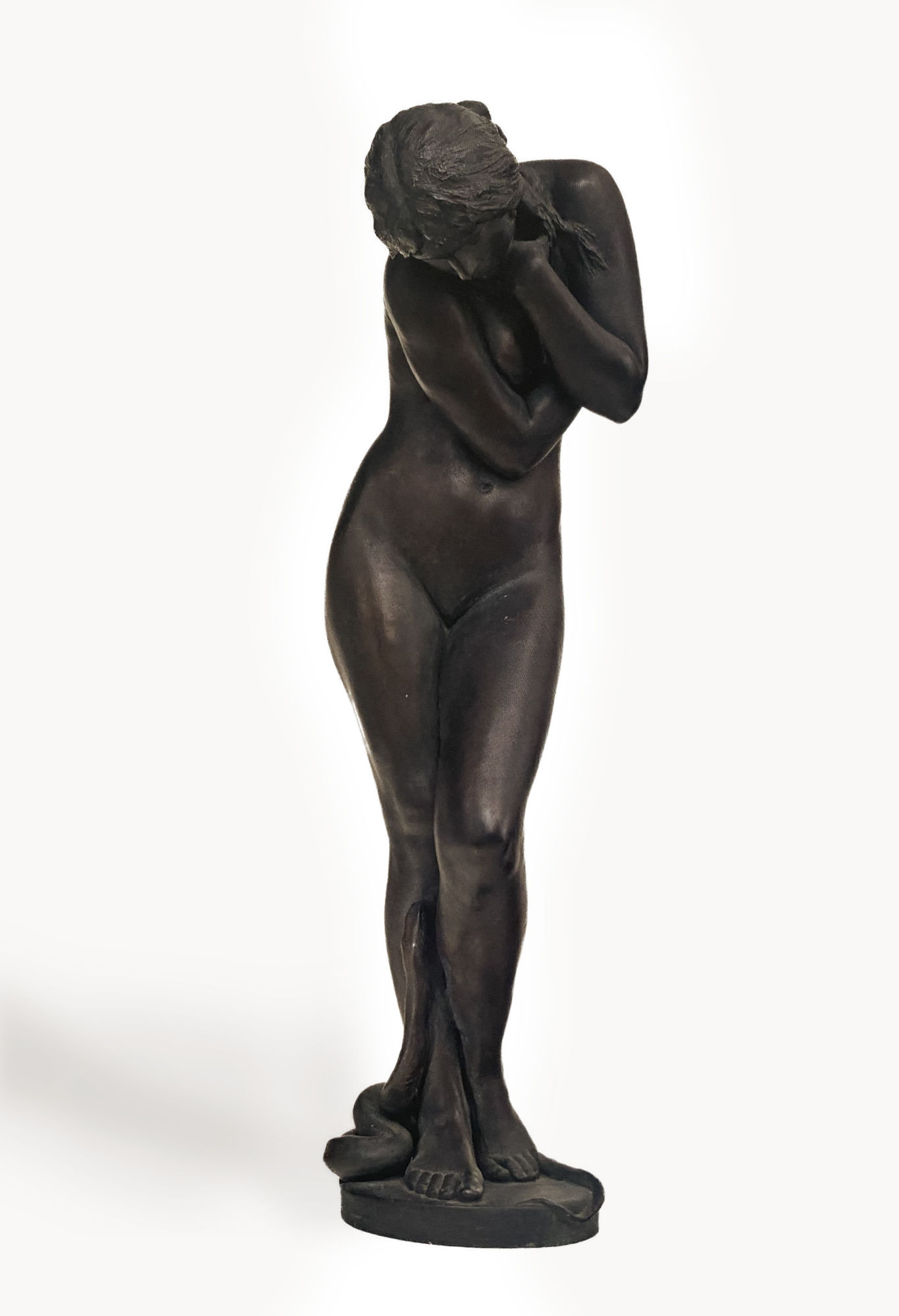 Bronzeskulptur „Eva mit der Schlange“ von Ferdinand Lepcke – stehender weiblicher Akt mit Schlange am Fuß